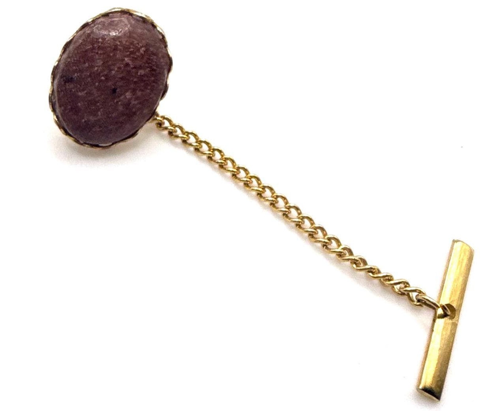 Vintage gold tone pink hue oval stone tie clip pin with chain