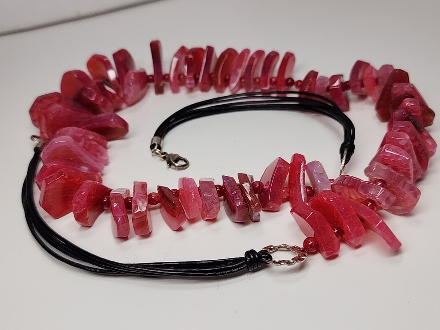 Gorgeous Pink Crackle Agate Stone .925 Clasp Statement Beaded Necklace 148g