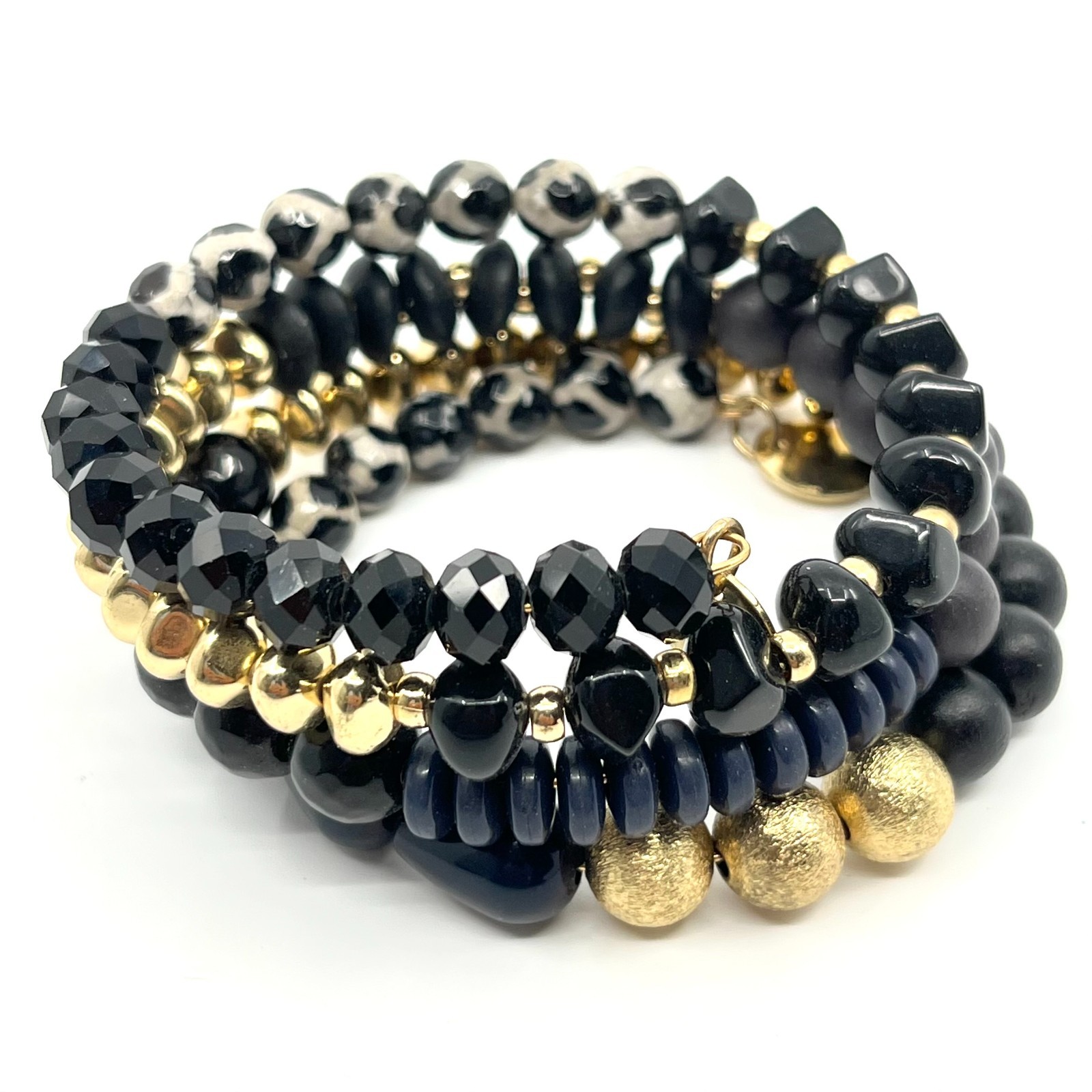 Vintage Boho Black Gold Multi-Strand Beaded Wrap Bracelet Mixed Texture Stack