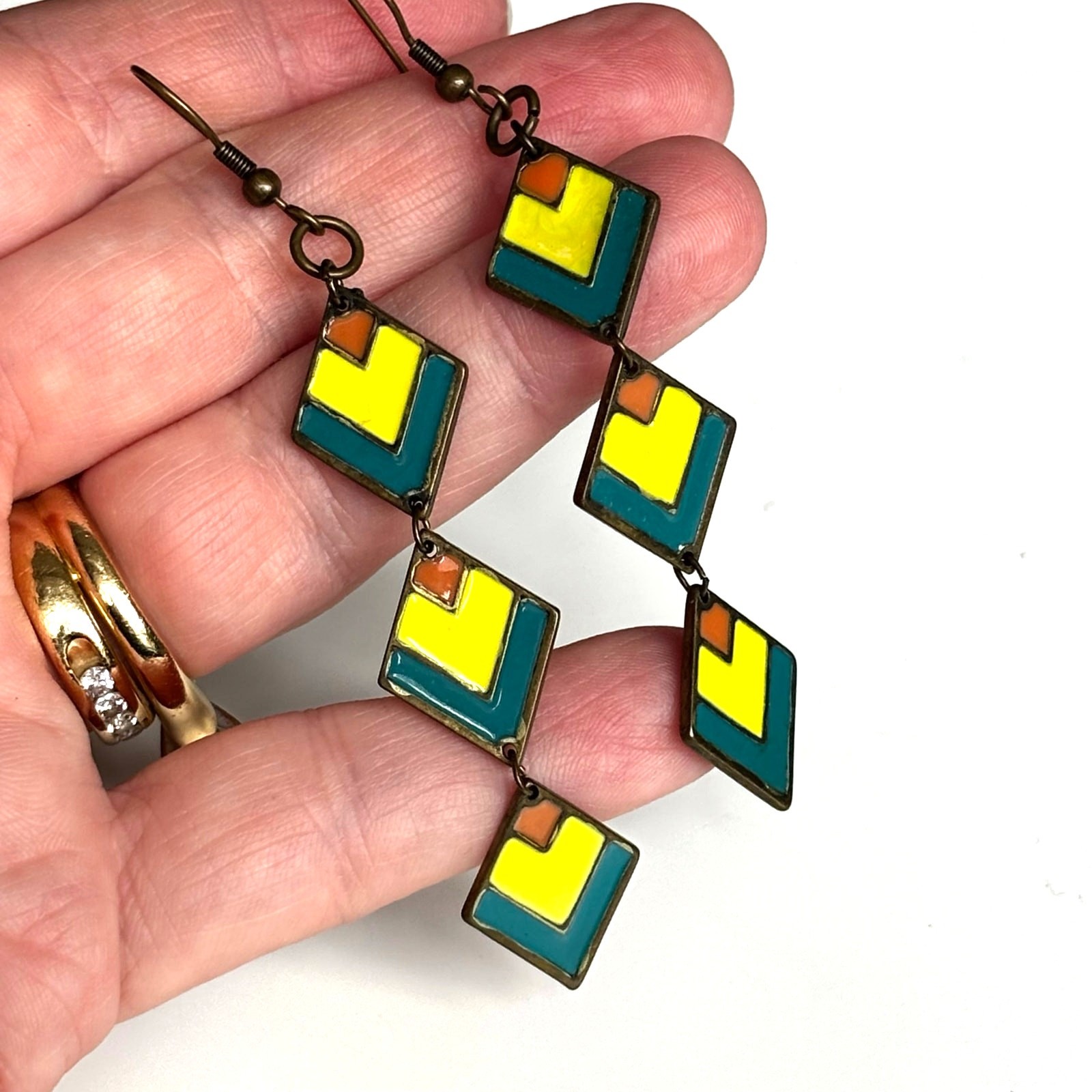 Vintage 70’s pierced earrings mod drop & dangle tassel colorful enamel finish