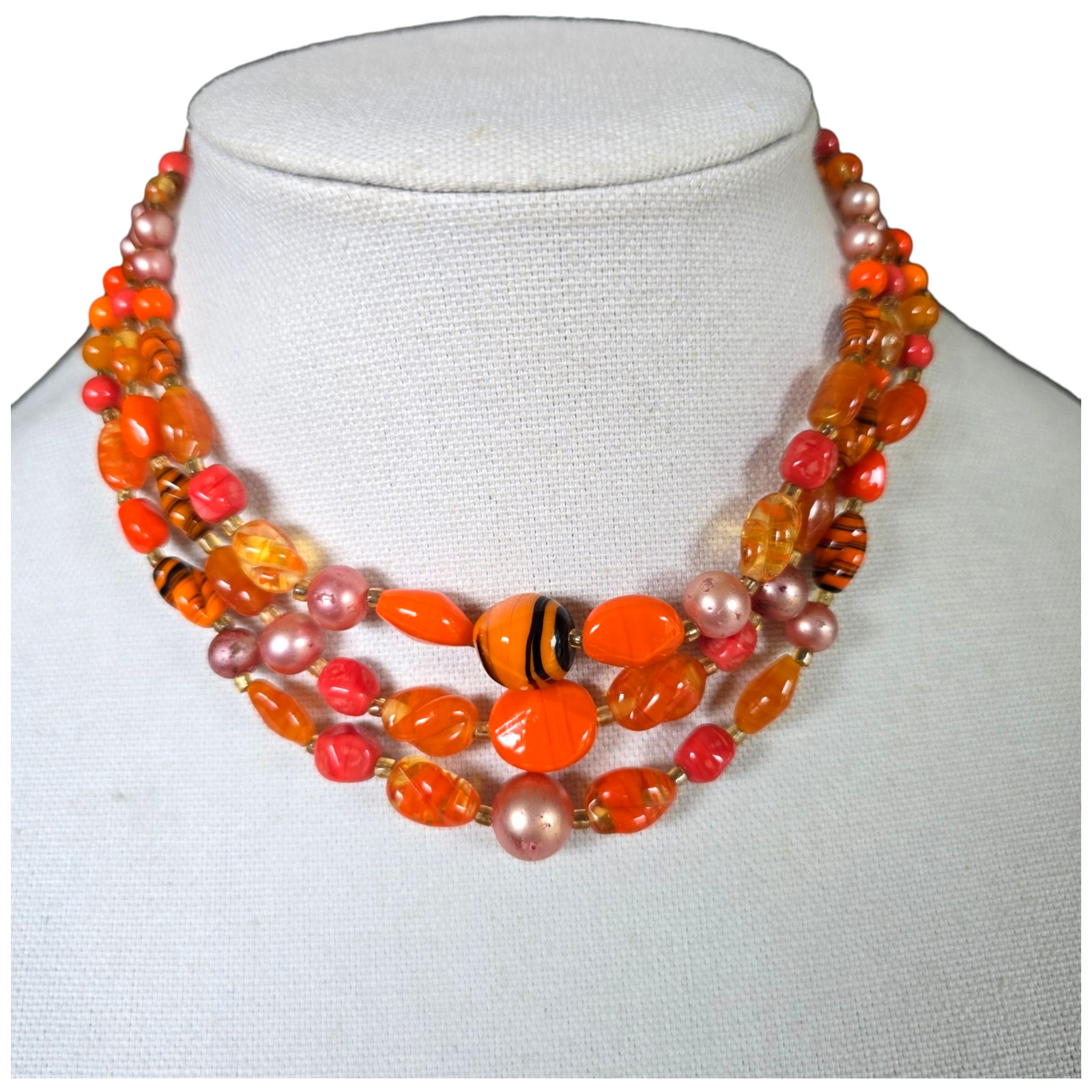Vintage Japan 3 Multi-Strand Beaded Necklace Orange Pink Art Glass Beads