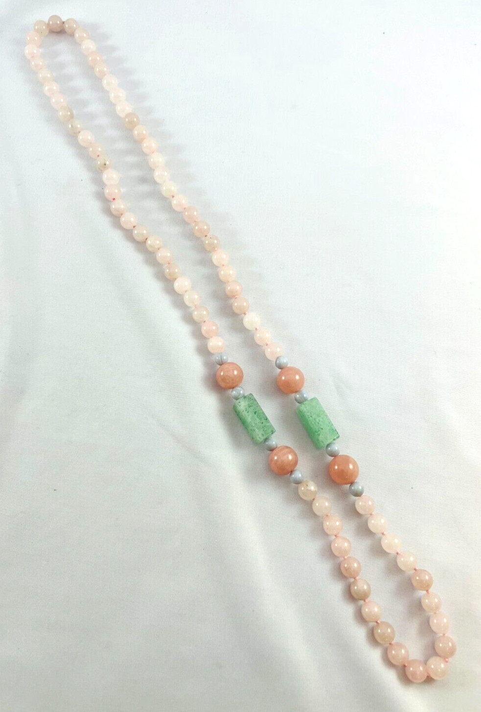Pink And Green Jade Quartz Hand Knotted Beaded Necklace Long