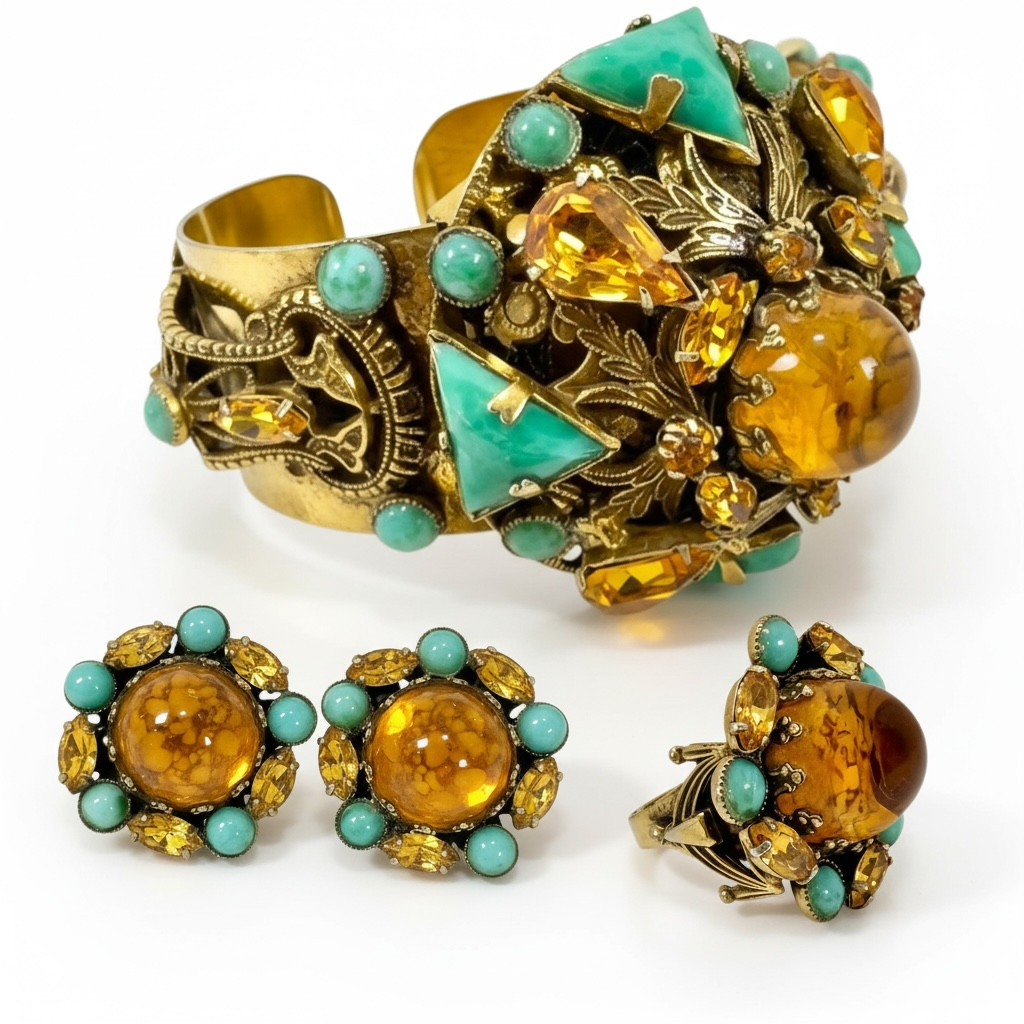 Vintage Art Nouveau Gripoix Poured Glass Citrine Crystal Jewelry Set