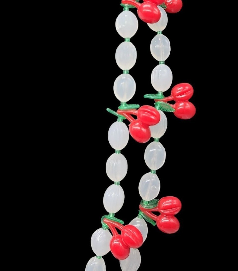 Lucite Cherry 34″ Necklace & 7″ Stretch Bracelet Red Cherries Translucent Beads