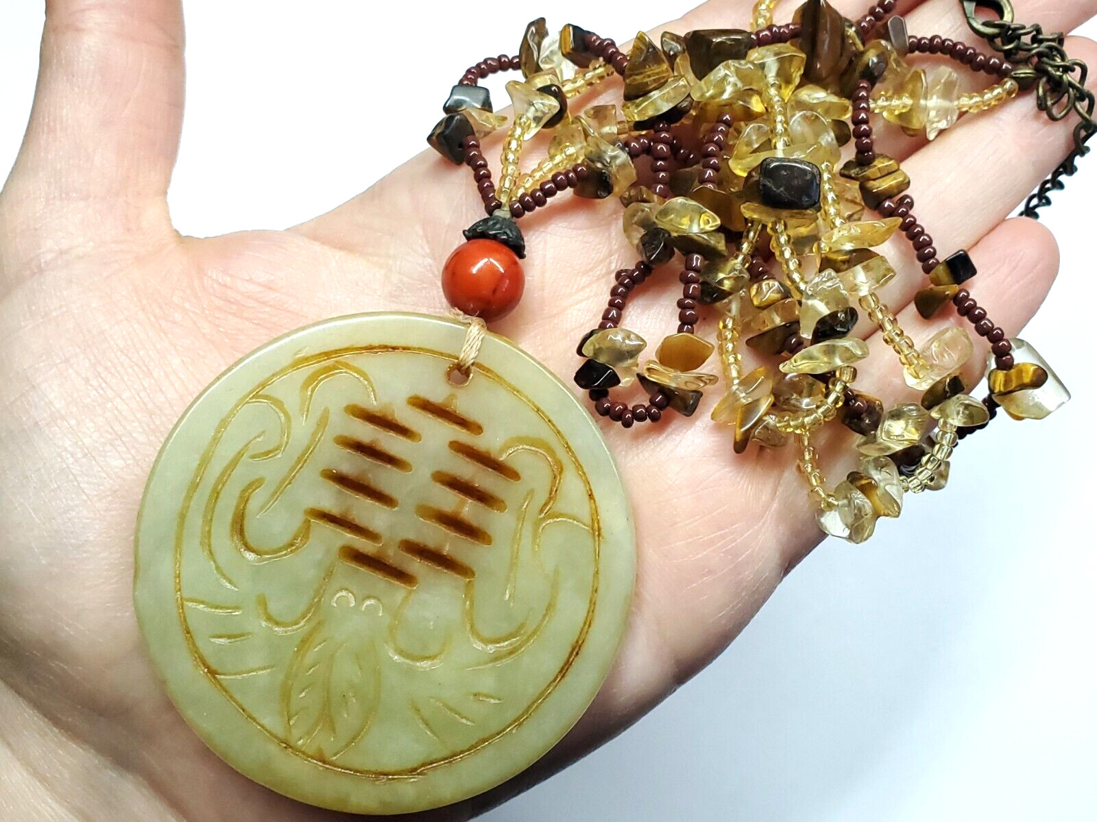 Vintage Oriental Jade Chunky Medallion Agate Tigers Eye Beaded Pendant Necklace