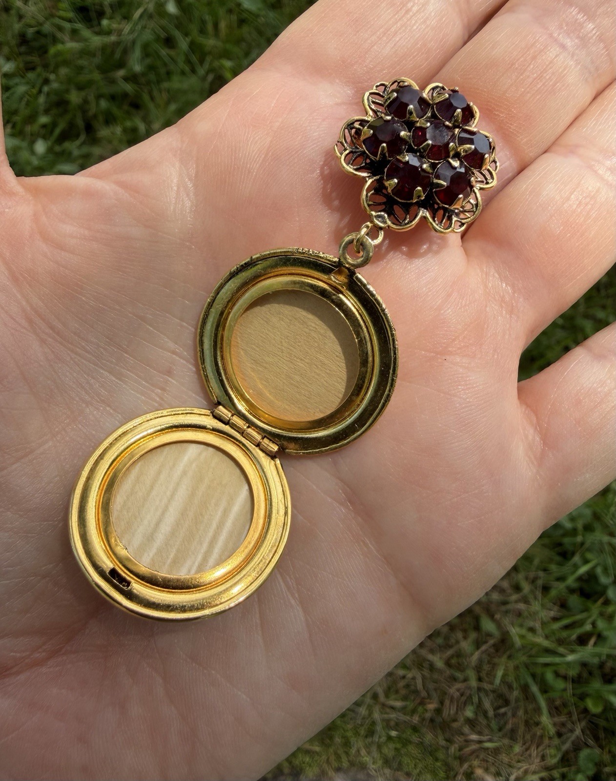 Vtg Brooch Victorian Revival Dangle Locket Gold Tone Red Garnet Rhinestones