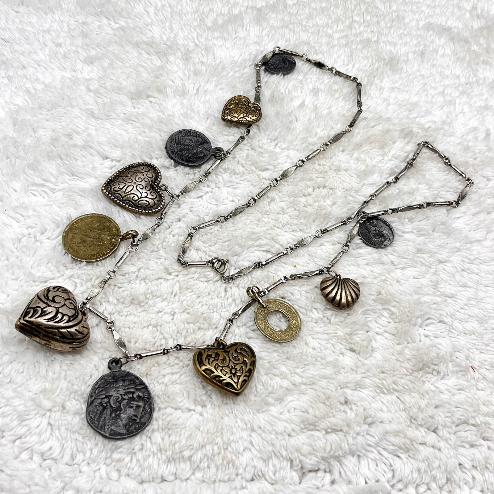 Vintage Puffy Heart Charm Necklace Silver Tone Bronze Tone 32″