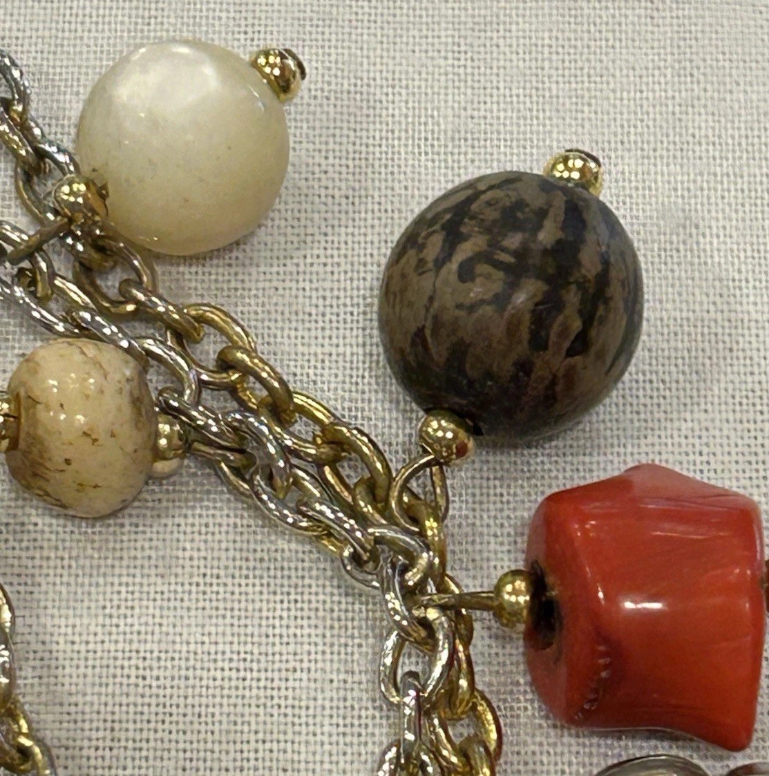 Vtg Asian-Themed Mixed Material 3-Strand Charm Necklace w/Carved Wood Buddha 28”