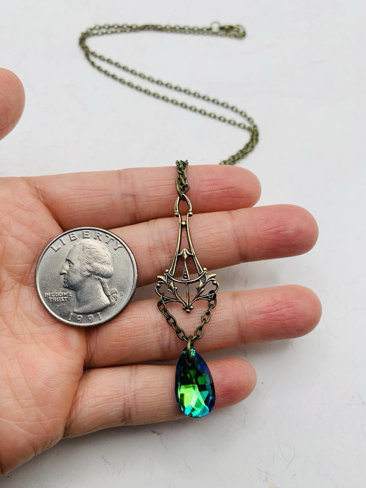 Vintage Style Art Nouveau Bronze Tone Mermaid Blue Teardrop Drop-down Necklace