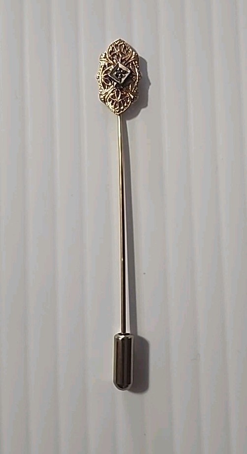 14K Solid Y. Gold Stick w/ 1/20 12k GF Diamond Stick Pin Vtg Marked BDA, 1.13 G