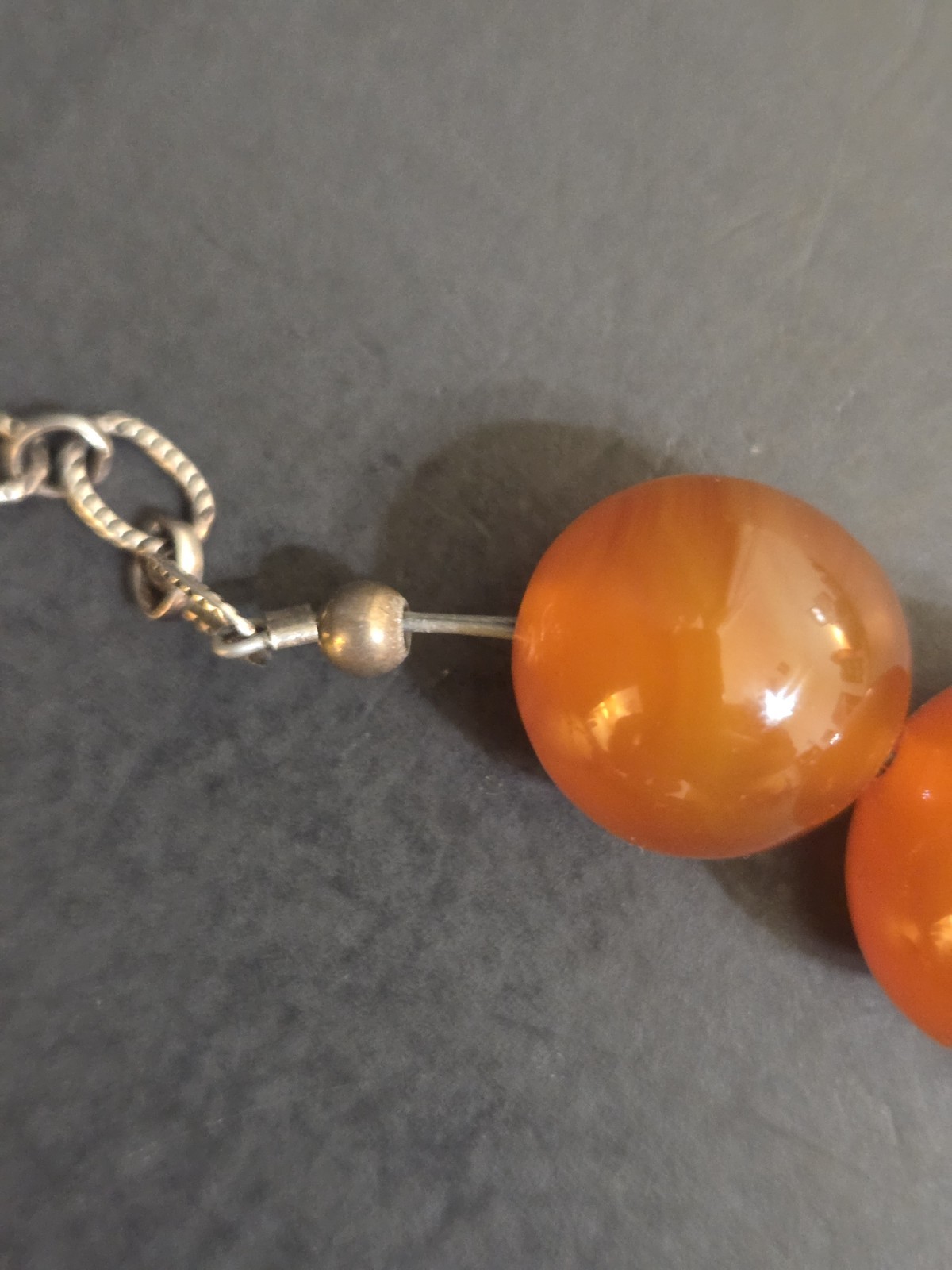 Vintage Resin Amber Necklace Orange Brown. Sterling Silver 925 clasp. 17″ w/bag