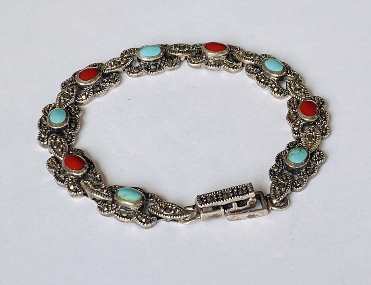 Vintage Sign Sterling Silver Multi Stone Turquoise Coral Marcasite Link Bracelet
