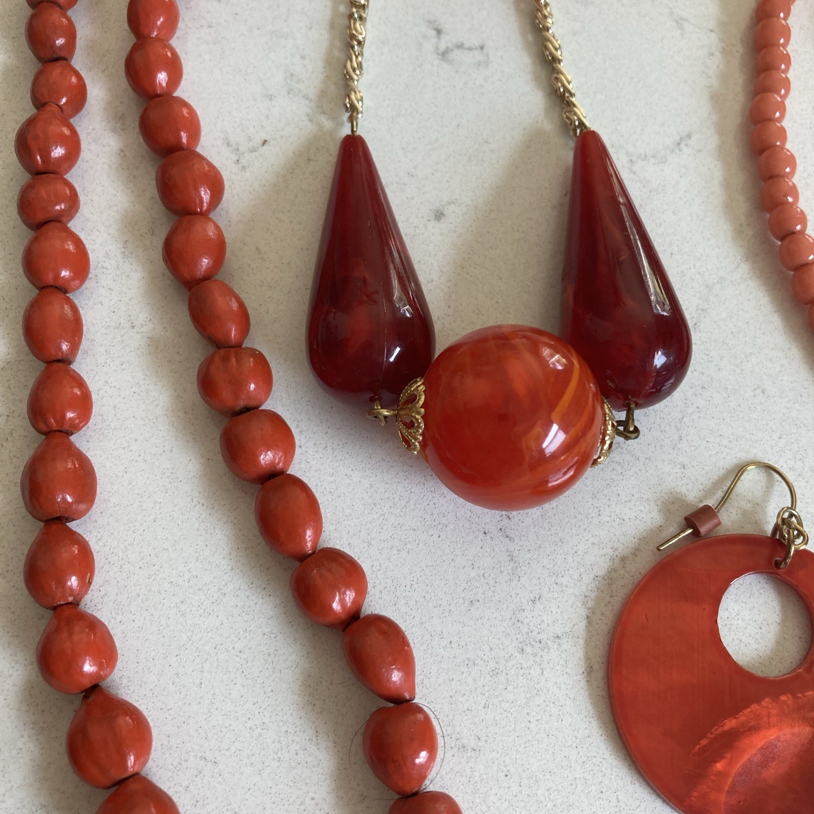 Vintage Red Orange Jewelry Lot Glass Bead Necklaces Earrings Sead Beads Pendant