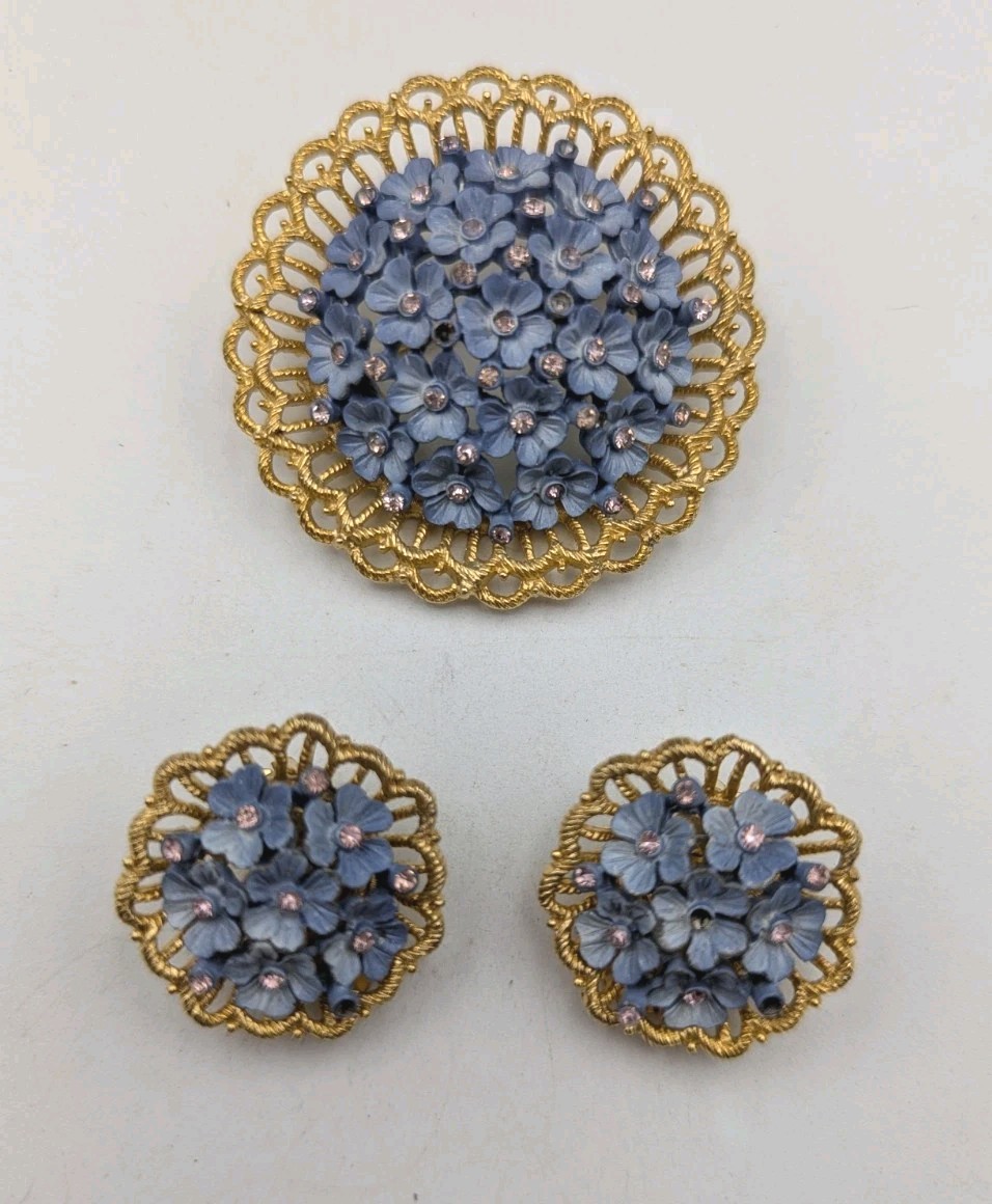 Vintage Forget Me Knot Brooch /Pin & Earrings Gold Tone Clip On