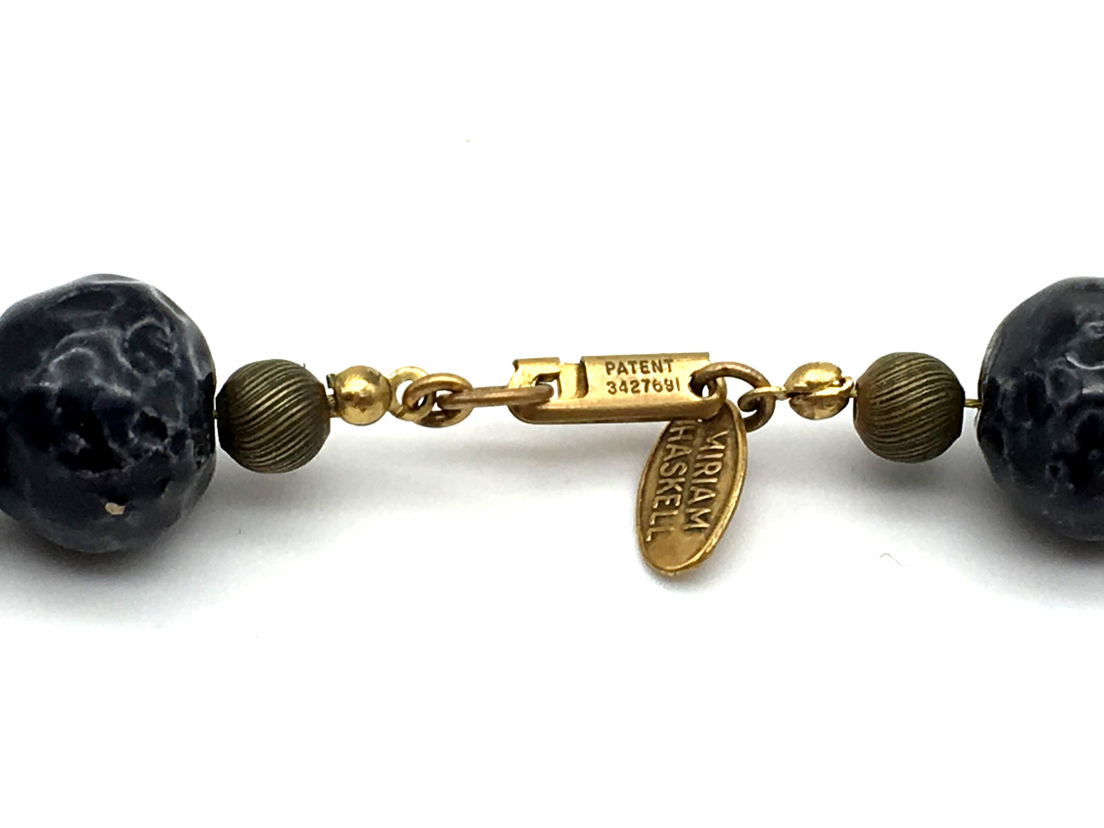 Miriam Haskell Signed Black Ceramic Cone Wood White Art Glass Beads 24″ Necklace
