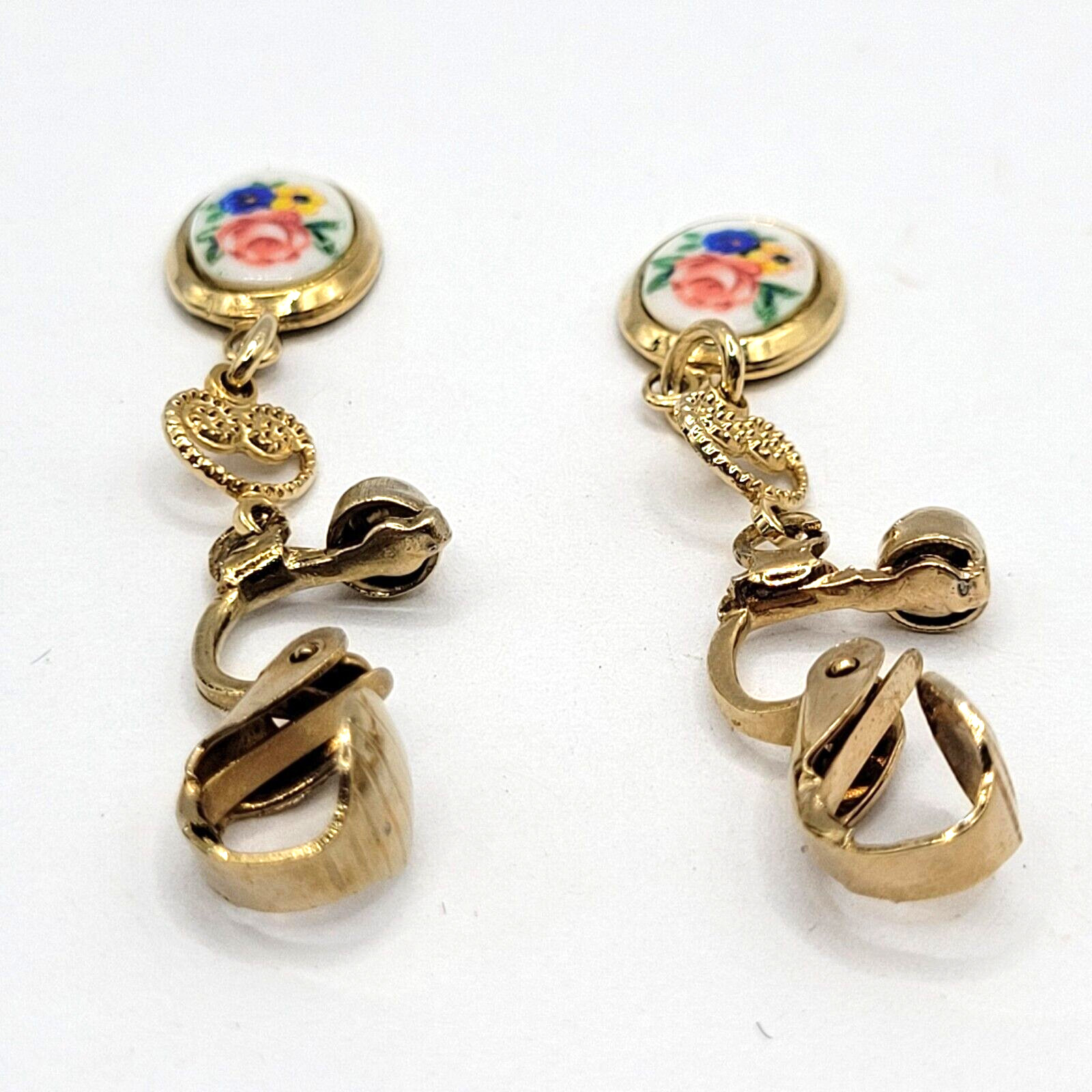 Petite Hand Painted Flowers Porcelain Gold Tone Drop Dangle Vintage Earrings