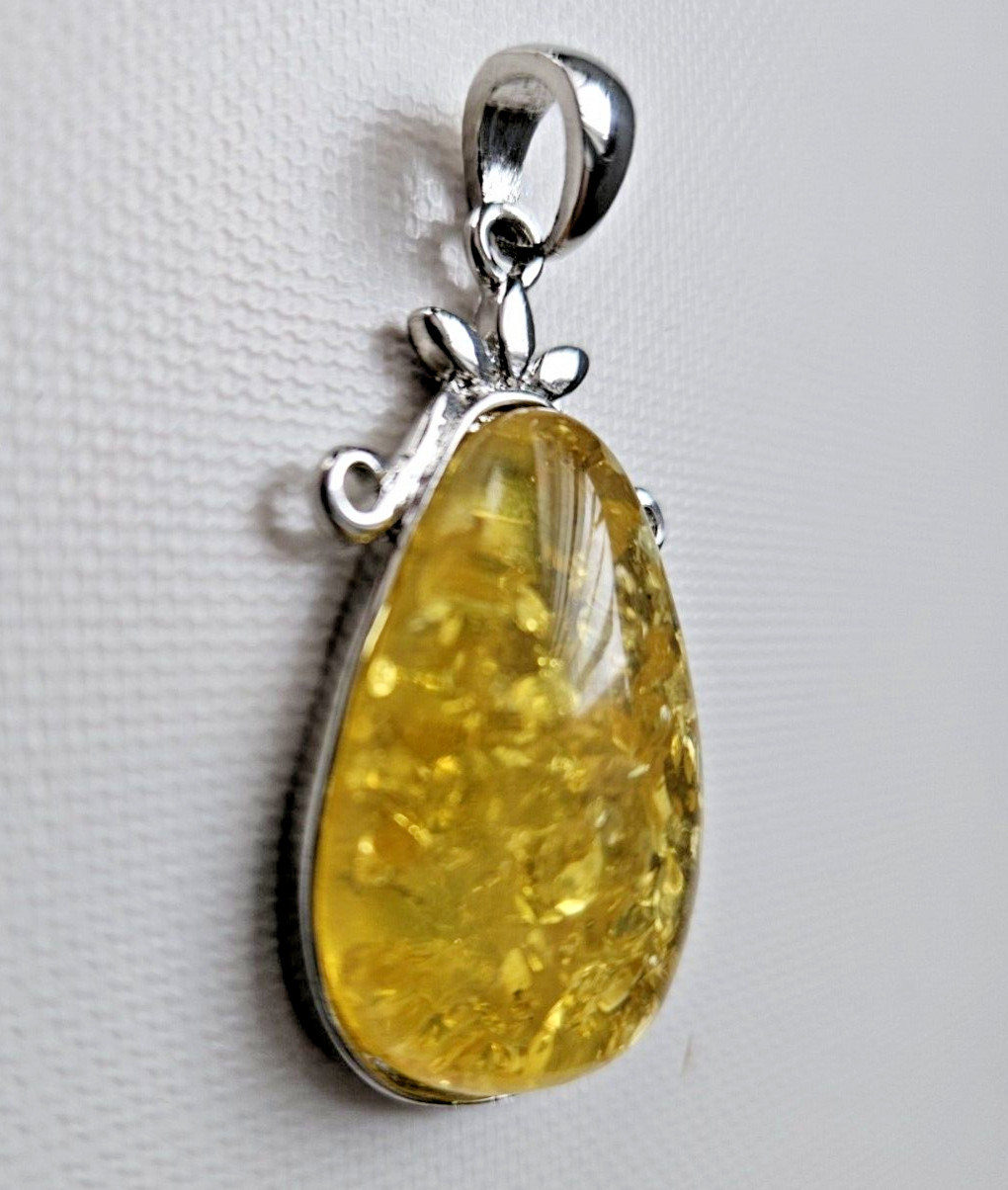 Vintage Yellow Flecked Confetti Pendant Silver Tone Teardrop Approximately 2″