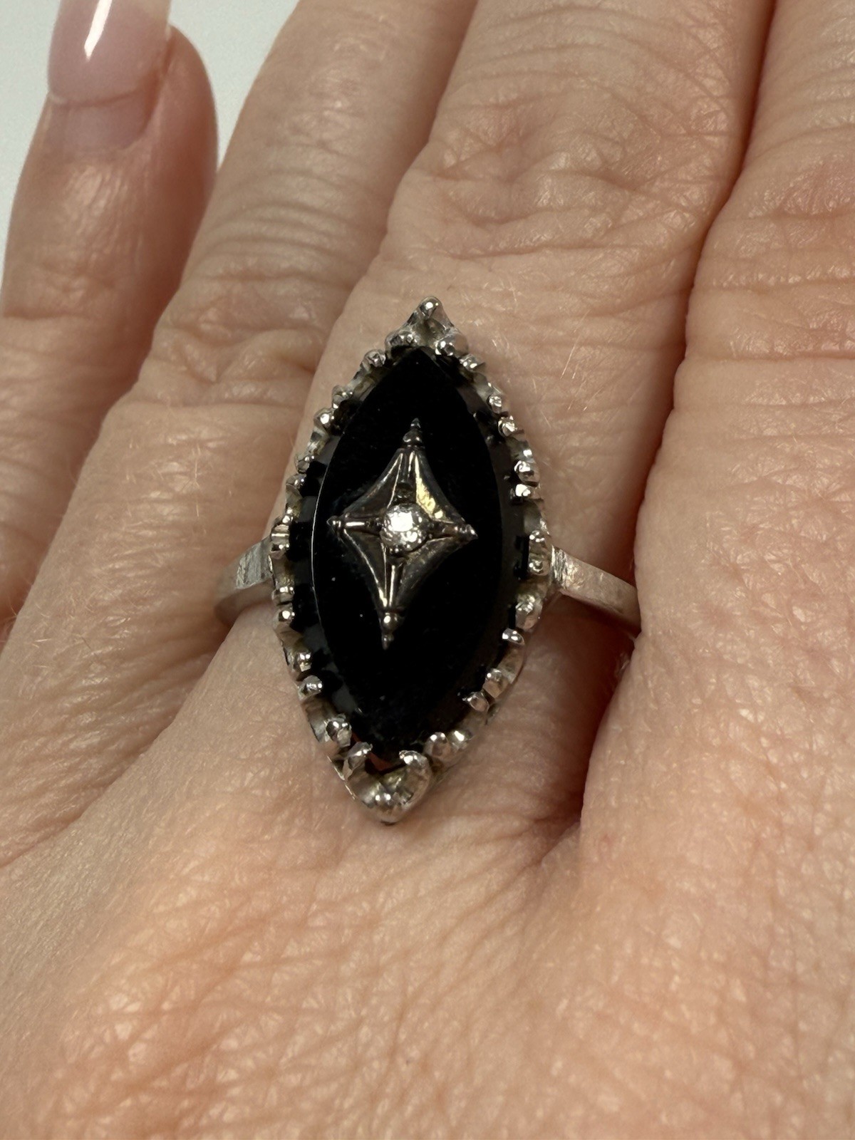Vintage Art Deco 14k White Gold Marquise Black Onyx Diamond Ring Size 7
