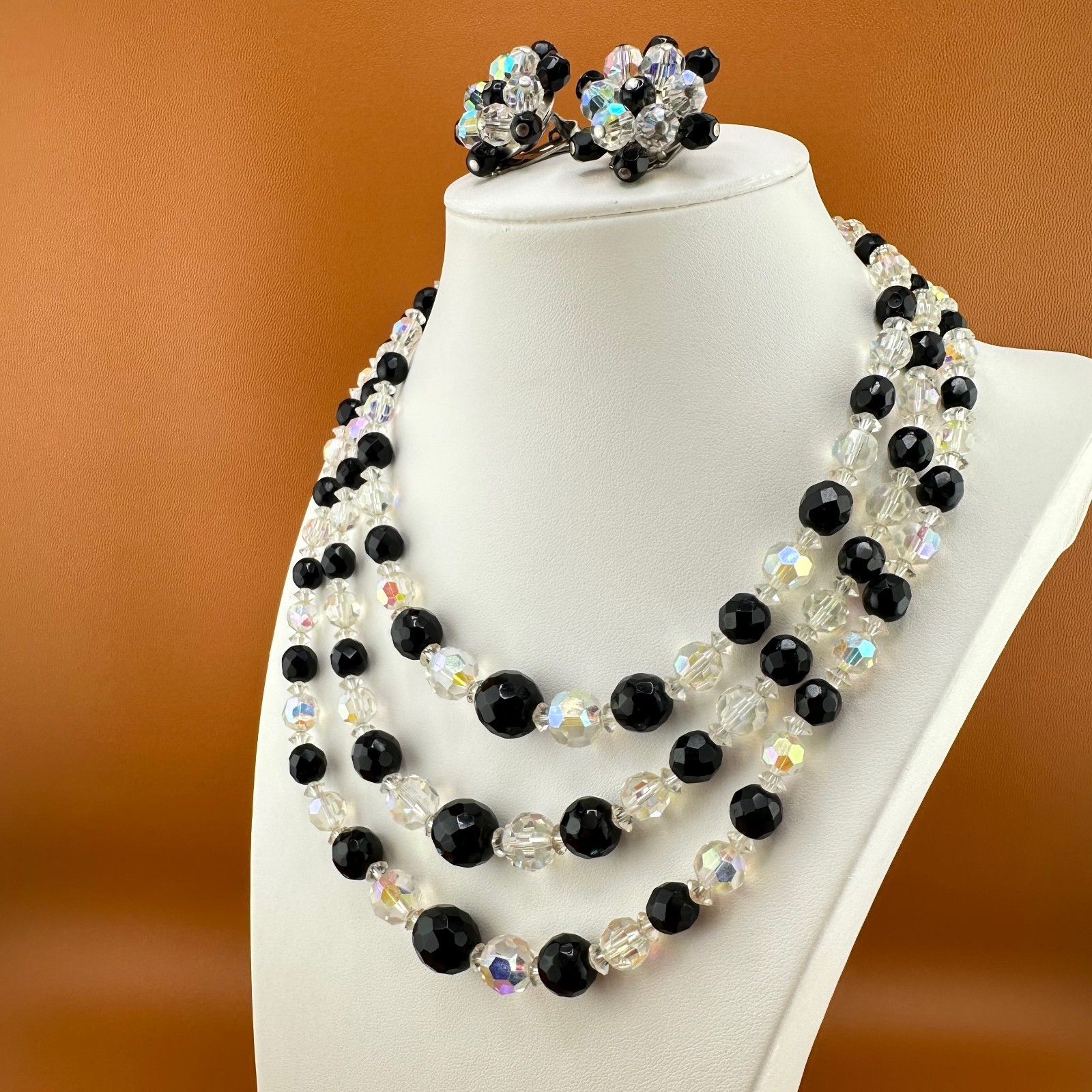 Vintage AB Crystal Bead Necklace Earrings Set Triple Strand Black & Clear 15″