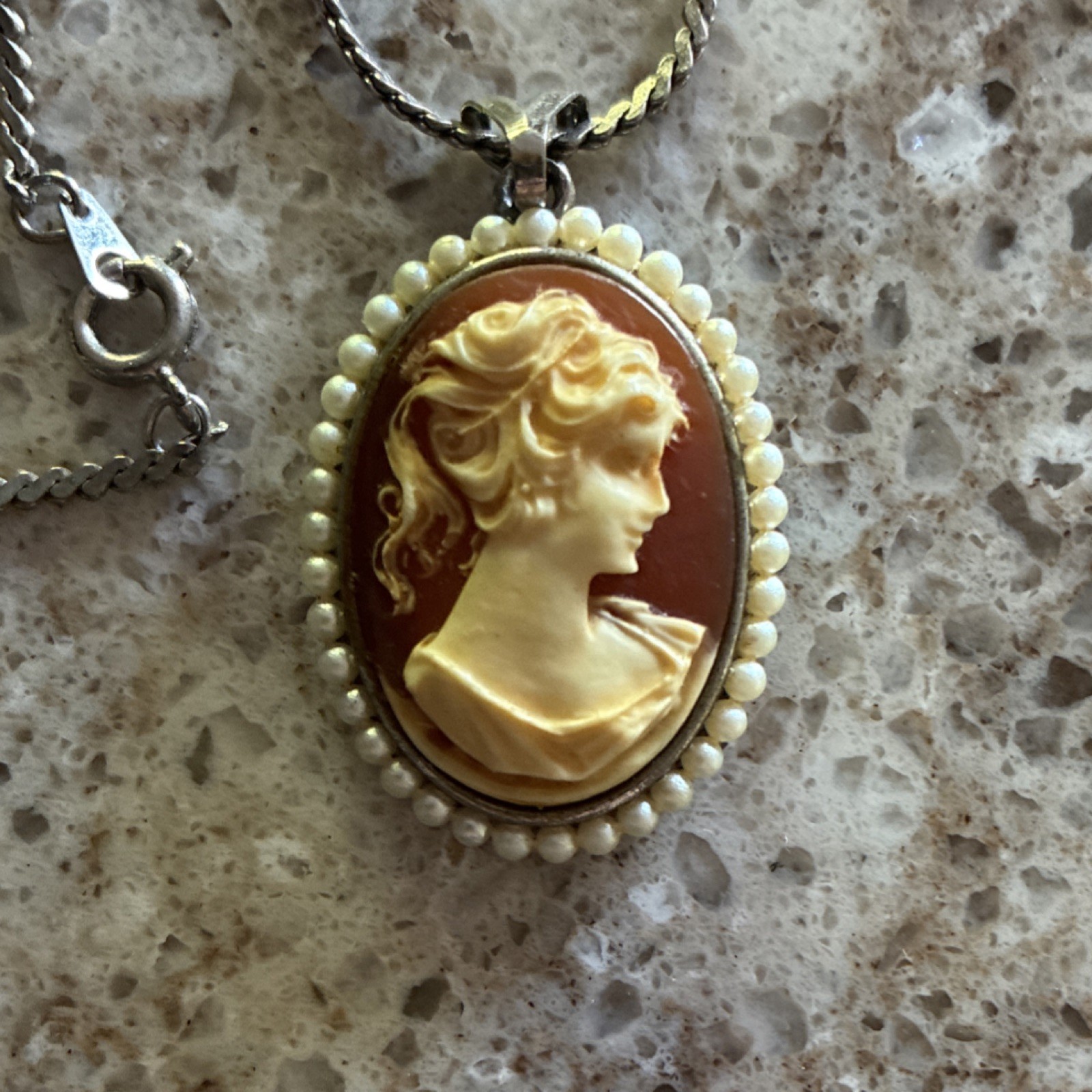 GENUINE Hand Carved Cameo Pendant Necklace with Pearl Border