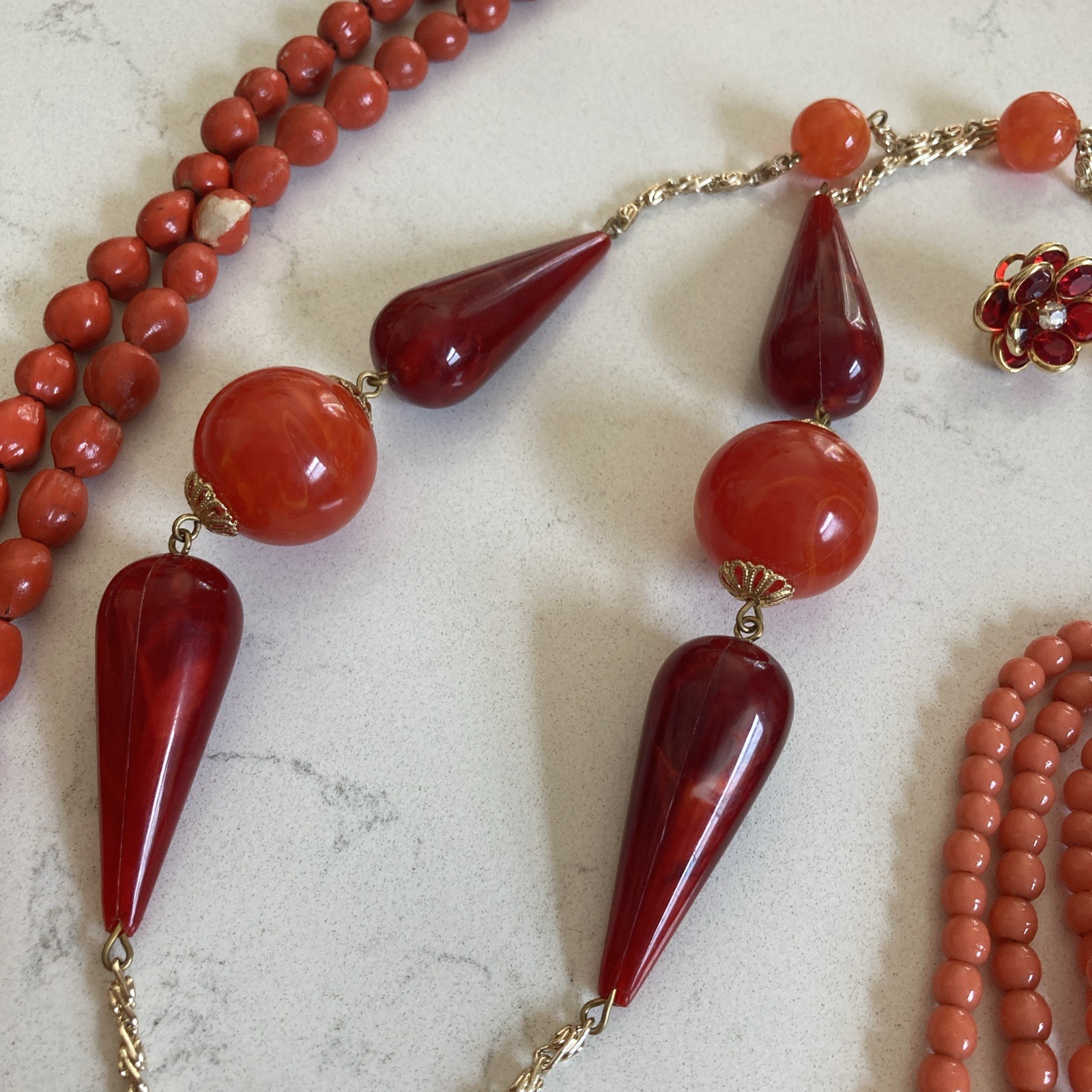 Vintage Red Orange Jewelry Lot Glass Bead Necklaces Earrings Sead Beads Pendant