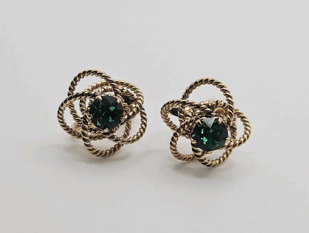 Henry Griffith 12k Gold Filled Antique Green Rhinestone Knot Screw Back Earrings