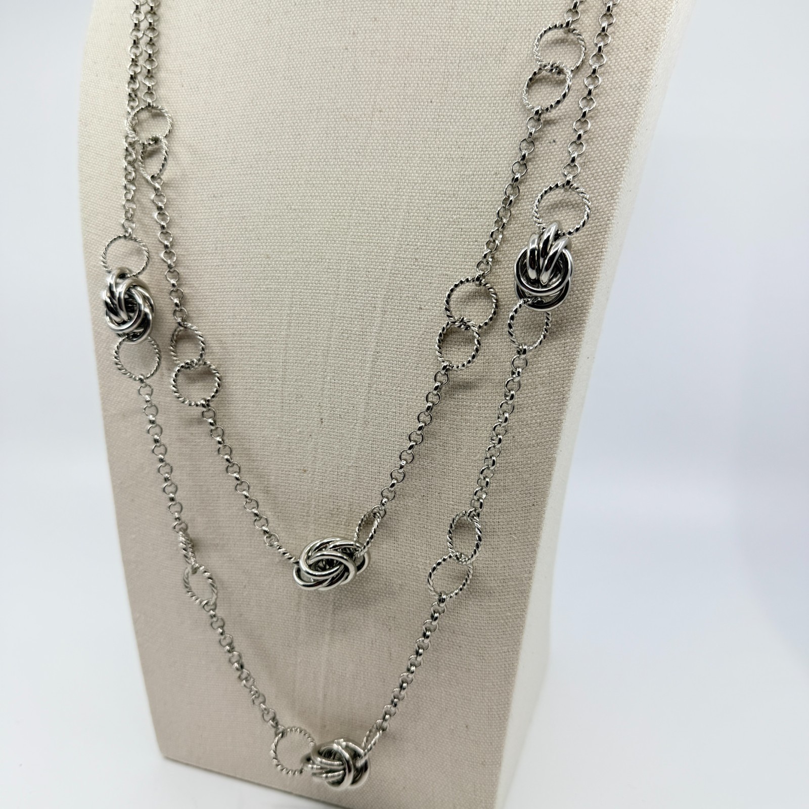 Vintage Silver Tone Long Layered Chain Necklace Textured Love Knot Station Boho