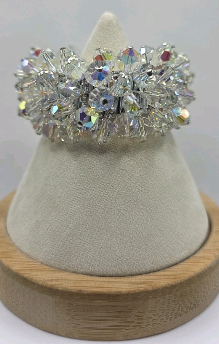 Vintage Japan Cha Cha Bracelet AB Crystal Glass Beaded Expansion 1950s Glam
