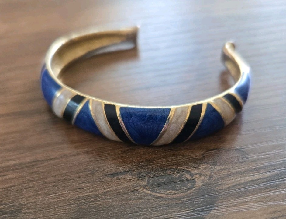 Vintage 1980s Orena Paris Cuff Bracelet Gold Tone W/Blue/Navy/Cream Enamel