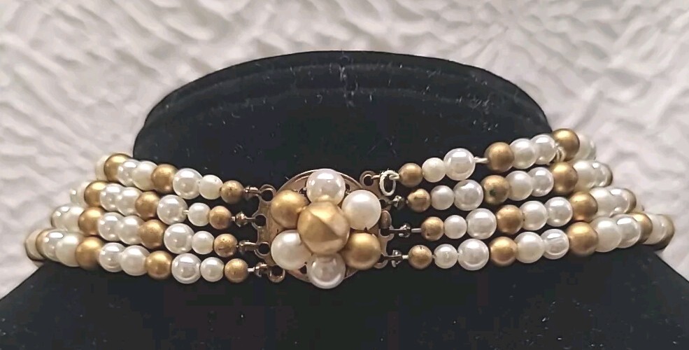 VINTAGE MULTI STRAND PEARL NECKLACE WITH DANGLES GOLD SILVER AND IVORY