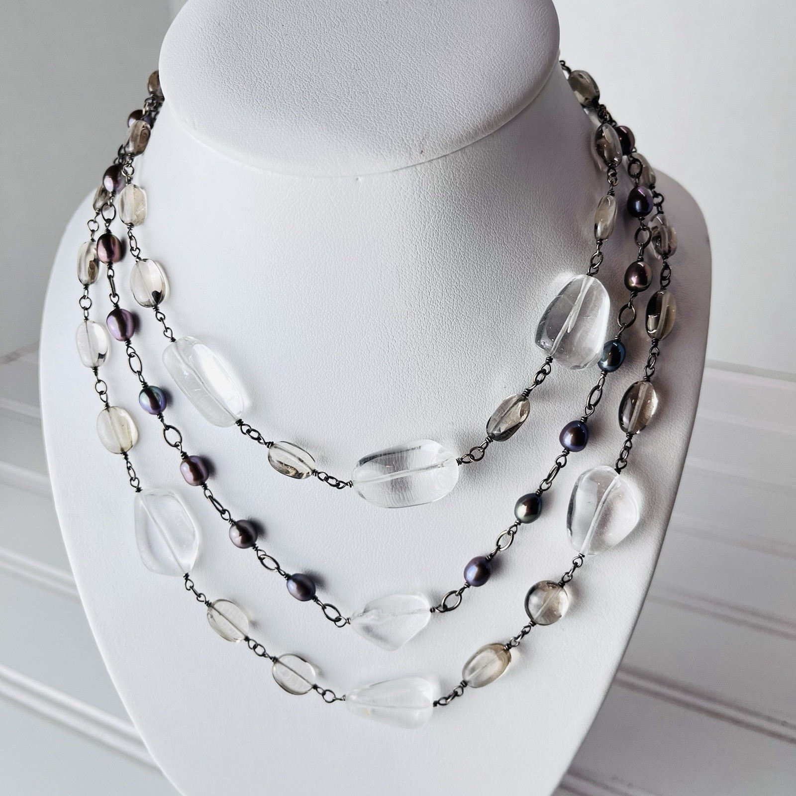 Vtg Rock Crystal & Peacock Pearl 3-Strand Necklace – 15” – Draped -Toggle Clasp