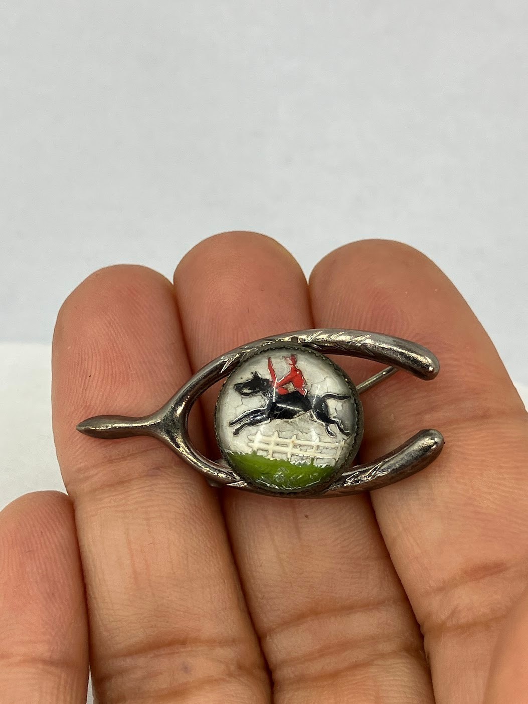 Vintage Reverse Carved Crystal Brooch Equestrian Horse Lucky Pin
