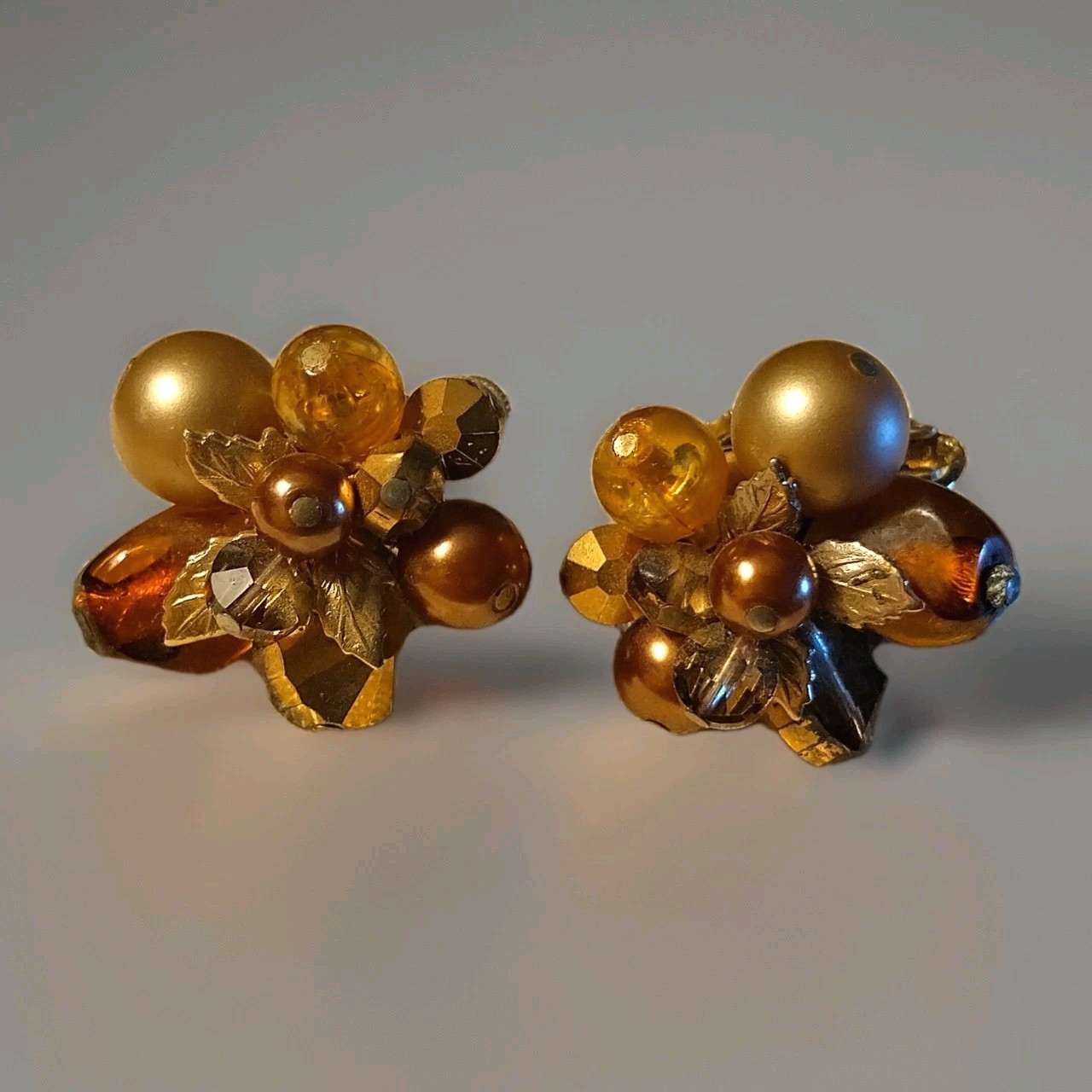 Vintage Signed VENDOME Amber Brown and Golden Leaves Adjustable Clip-On Earrings