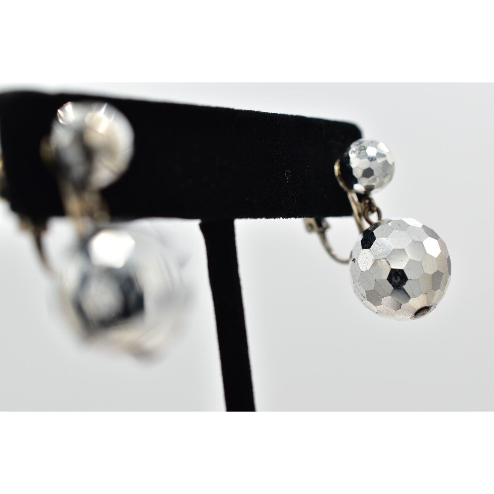 Vintage Crystal Clip On Earrings Silver Dangle Disco Ball Drop Glam 1950s A24