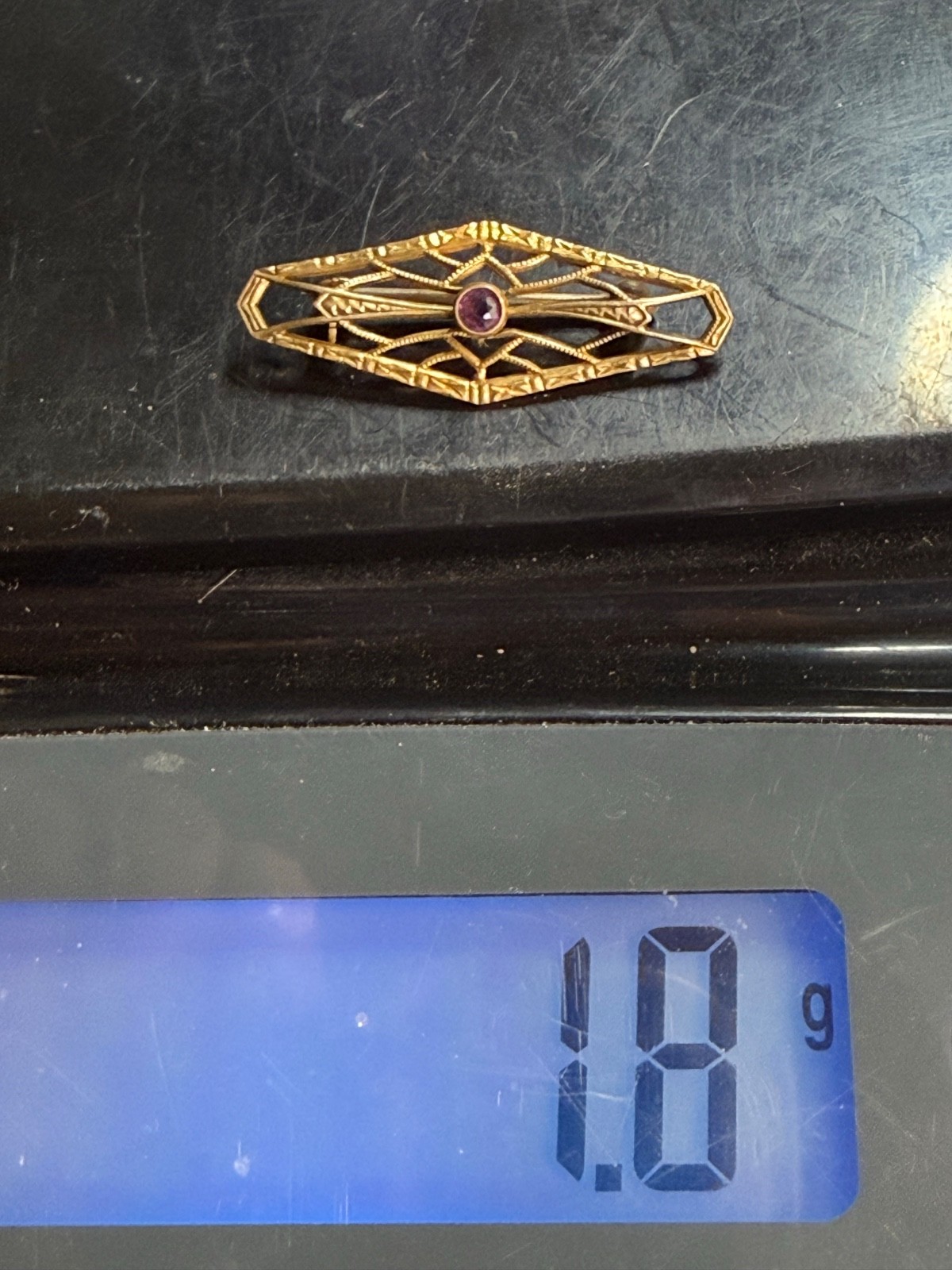 Vintage Gold Filled Filigree Brooch Rhinestone Purple