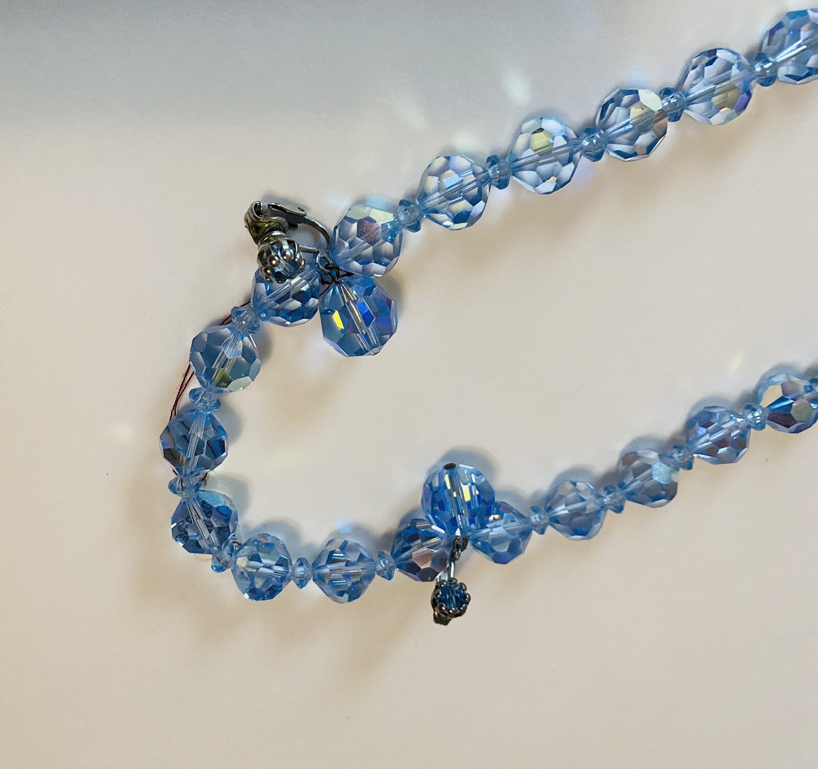 Aurora Borealis Icy Blue 22” Crystal Necklace & Earring Set. 1950’s