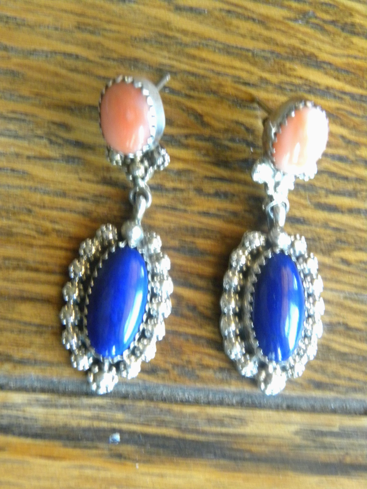Vintage Sterling Lapis & Spiney Oyster Post Back Earrings Signed “J J” 1-5/8″