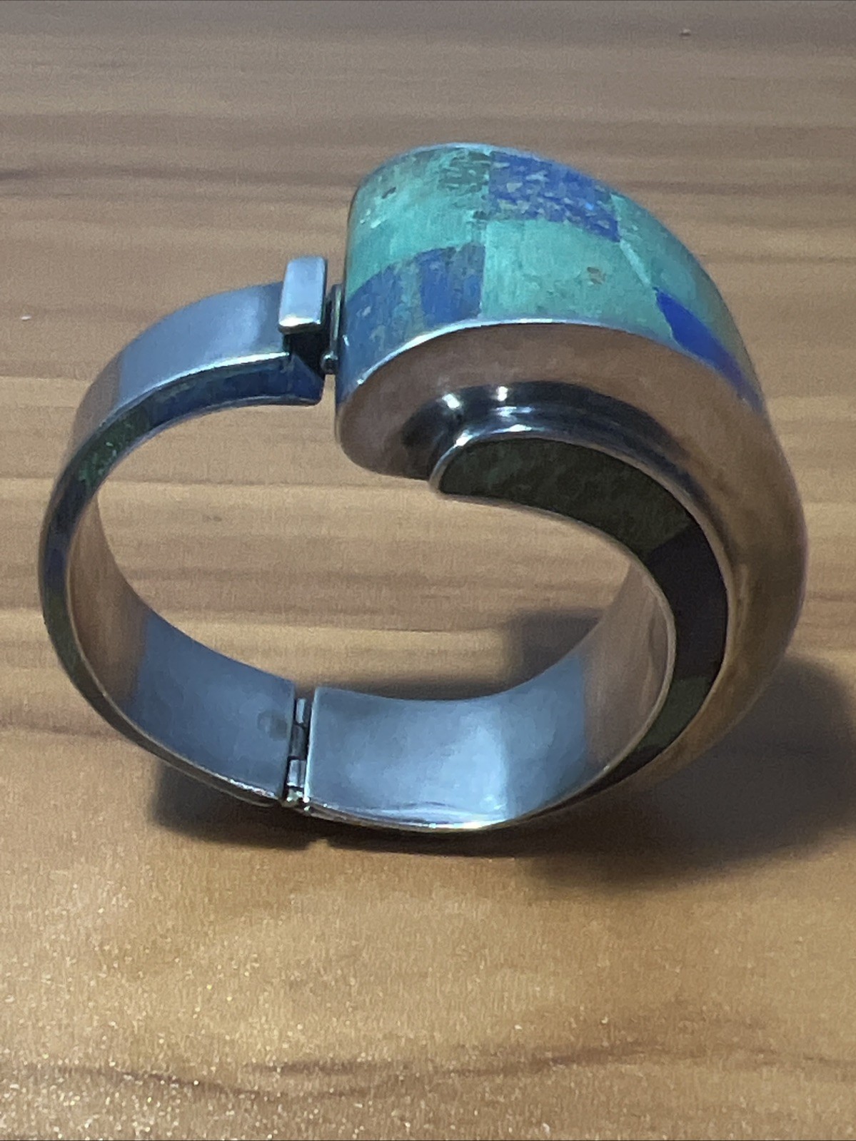 VTG Los Castillo Sterling Silver “Mosaico Azteca” hinged bracelet Taxco Mexico