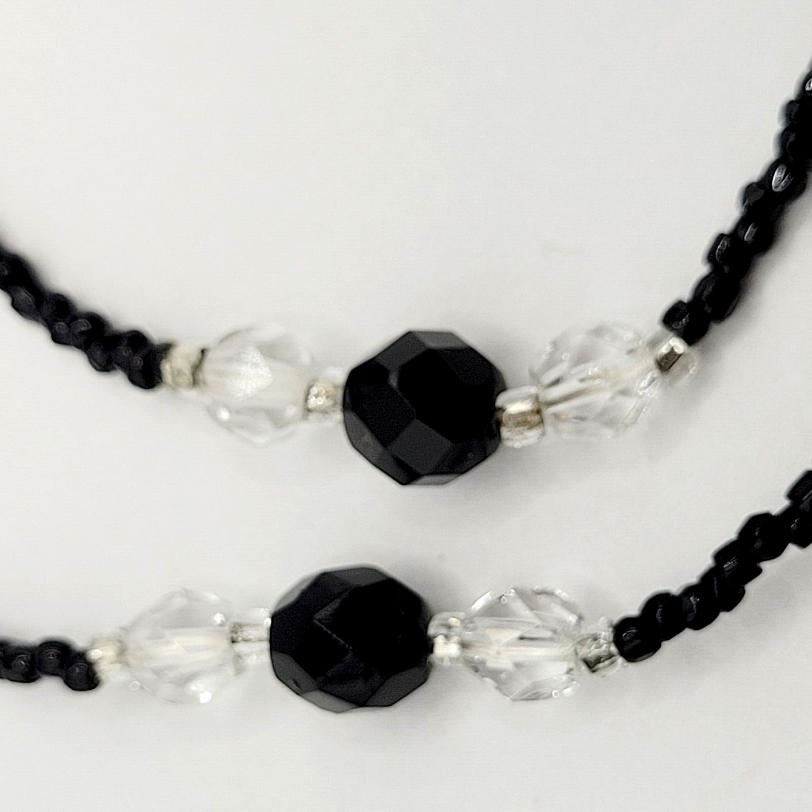 Modern Art Deco Black Clear Cut Crystal Bead Silver Tone Vintage Necklace 31 in