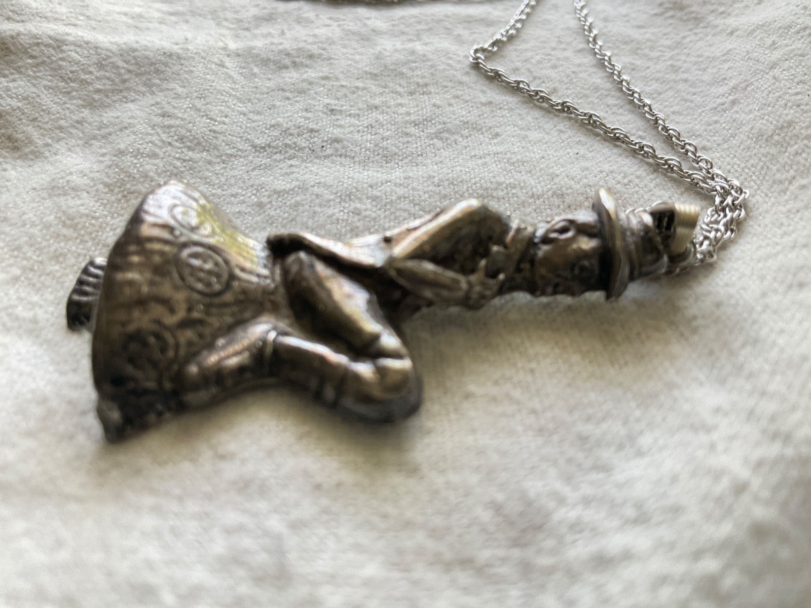 VINTAGE large LEPRECHAUN sitting on a mushroom STERLING SILVER PENDANT signed