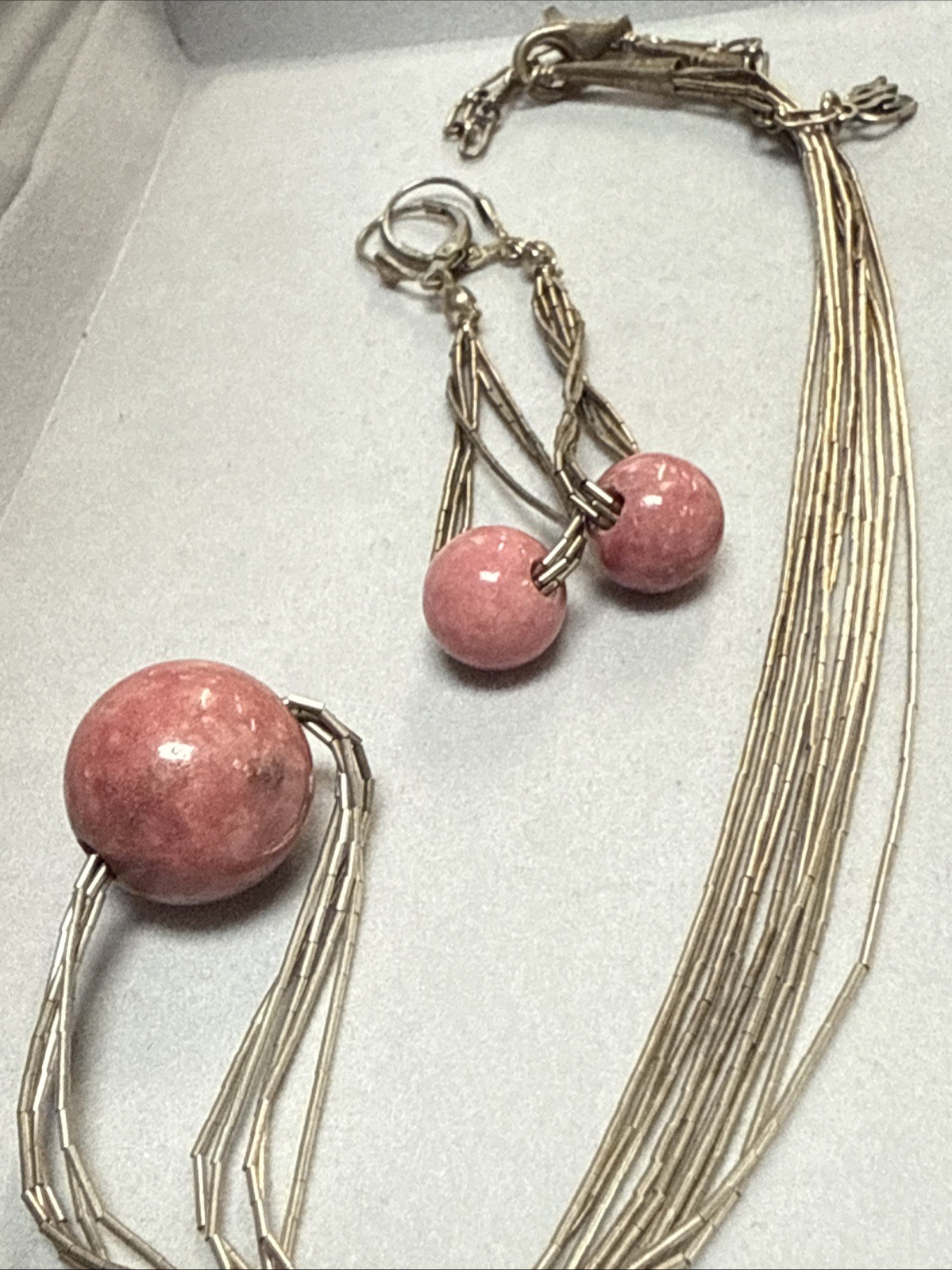 POLLACK HSN LIQUID SILVER PINK GEMSTONE BALL BEAD PENDANT NECKLACE EARRINGS SET