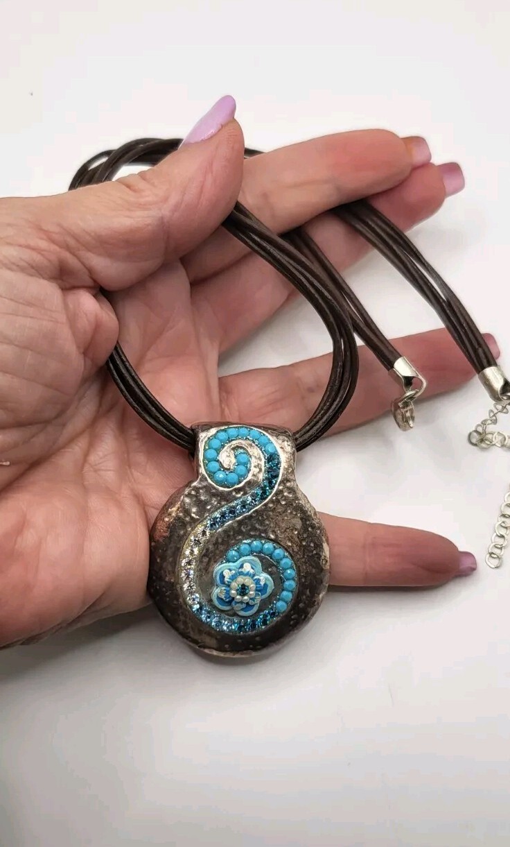 Blue Crystal 925 Sterling Italy Pendant Necklace Leather Cord Artistan Crafted