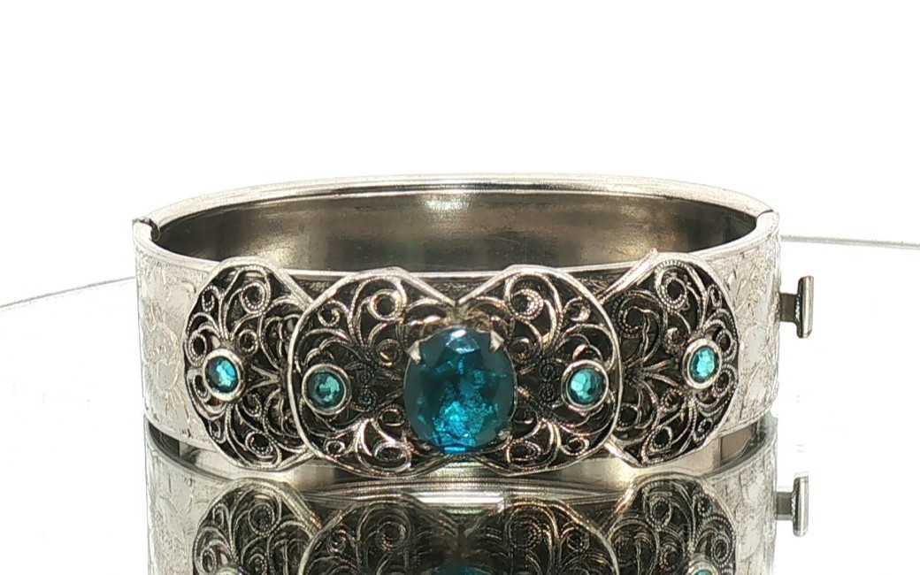 Vintage Art Deco Filigree Cuff Bracelet Silver Tone Blue Stones Openwork