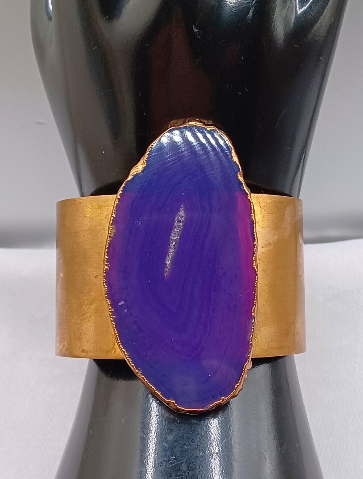 Purple Geode Cuff Bracelet Brass Wide Violet Purple Stone Handmade Statement 6.5