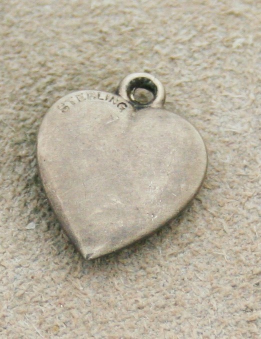 VICTORIAN VINTAGE STERLING HEART CHARM – Swirls & Flower Border & Inset Stone