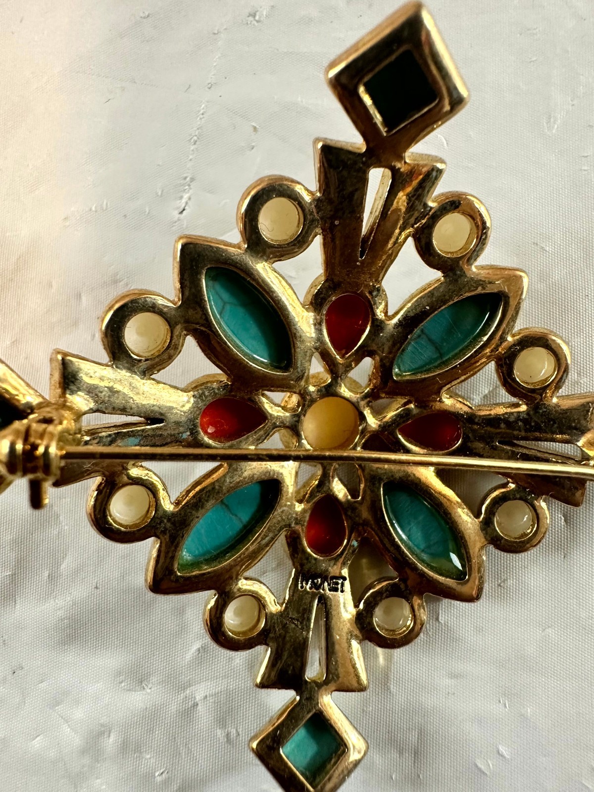 Monet Maltese Cross Turquoise Coral Faux Pearl Cabochon Gold Tone Brooch Pin