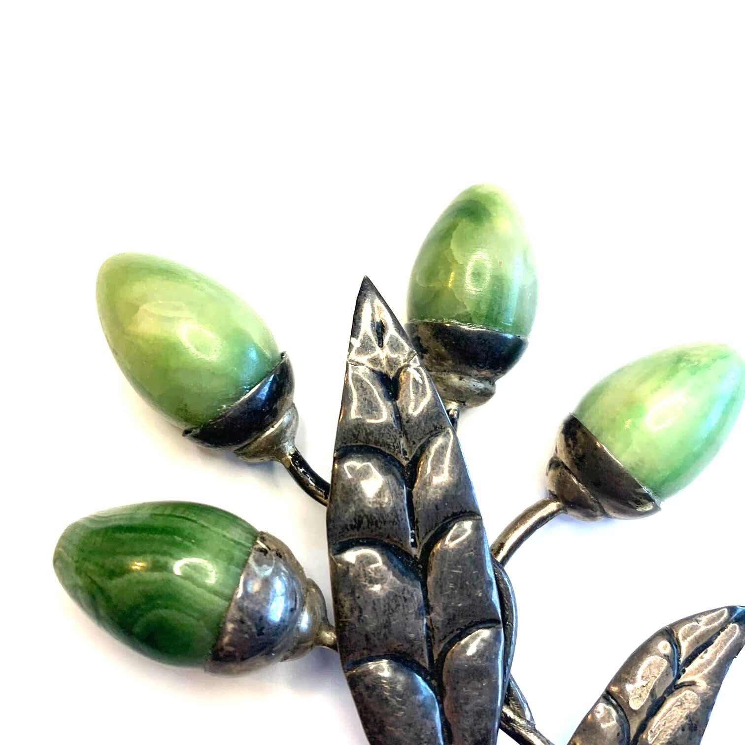 Vintage Mexico Silver and Green Agate Flower Bud Brooch Pin