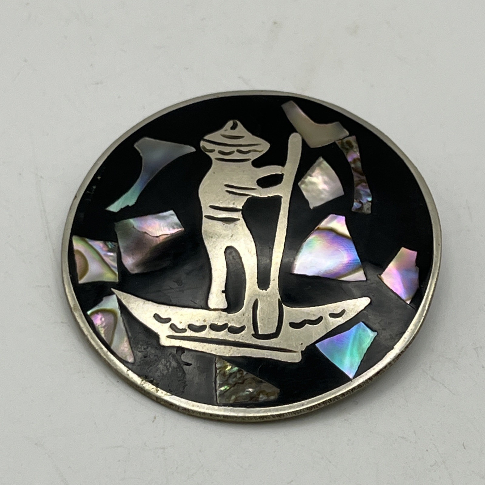 Vintage Mexican Alpaca Silver Brooch Abalone MOP Inlay Gondolier Boatman Mexico