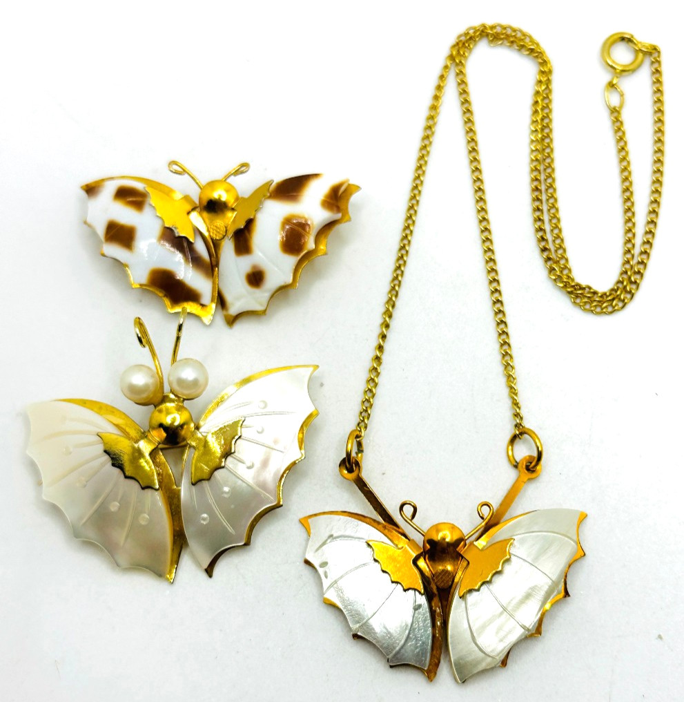 Lot 3 Gold Tone MOP / Shell Moths – 2 Brooches and 1 Necklace EUC