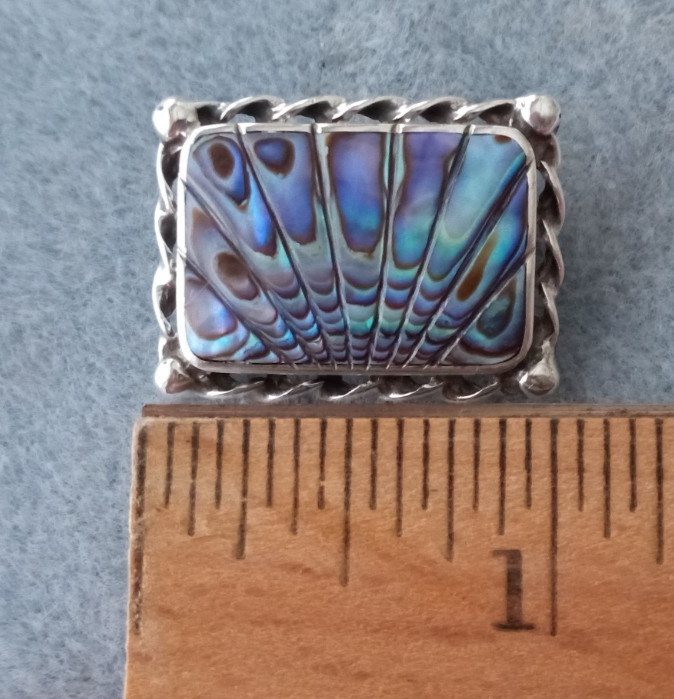 ANTIQUE Abalone Paua Shell Sterling Silver Twisted Bezel Set Brooch Pin